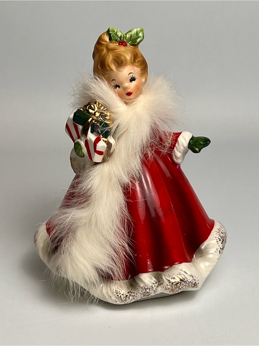 VTG Josef Original Christmas Lady in Fur Shopping Red Flaw Touch up Paint